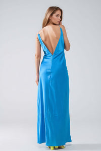 Q2 Women's Dress Satin Maxi Dress With Spaghetti Straps In Blue