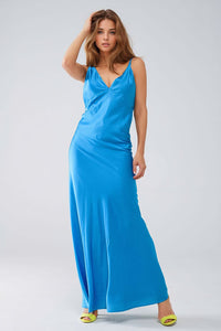 Q2 Women's Dress Satin Maxi Dress With Spaghetti Straps In Blue