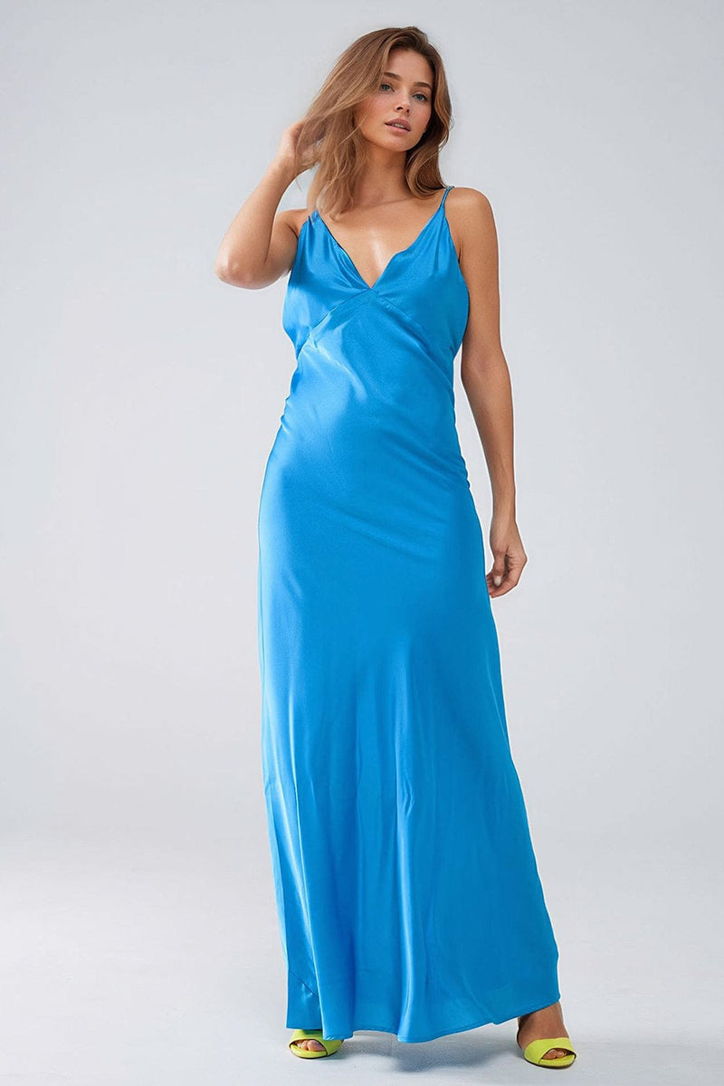 Q2 Women's Dress Satin Maxi Dress With Spaghetti Straps In Blue