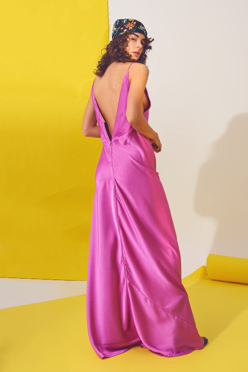 Q2 Women's Dress Satin Maxi Dress With Spaghetti Straps in Fuchsia
