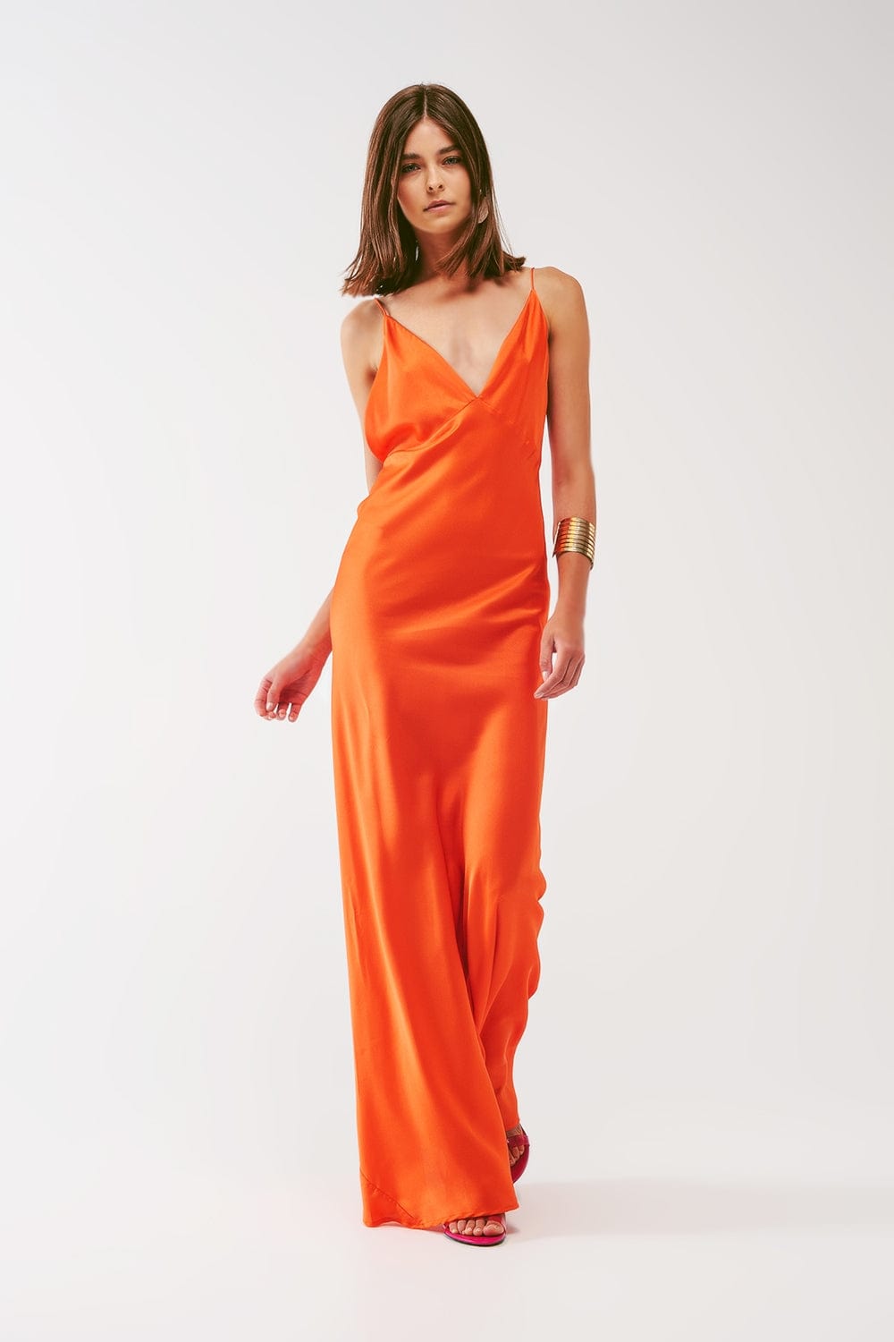 Q2 Women's Dress Satin Maxi Dress with Spaghetti Straps in Orange