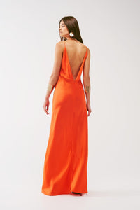 Q2 Women's Dress Satin Maxi Dress with Spaghetti Straps in Orange