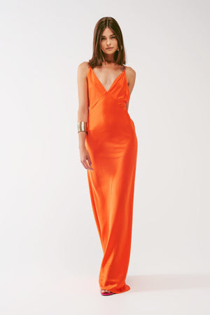 Q2 Women's Dress Satin Maxi Dress with Spaghetti Straps in Orange