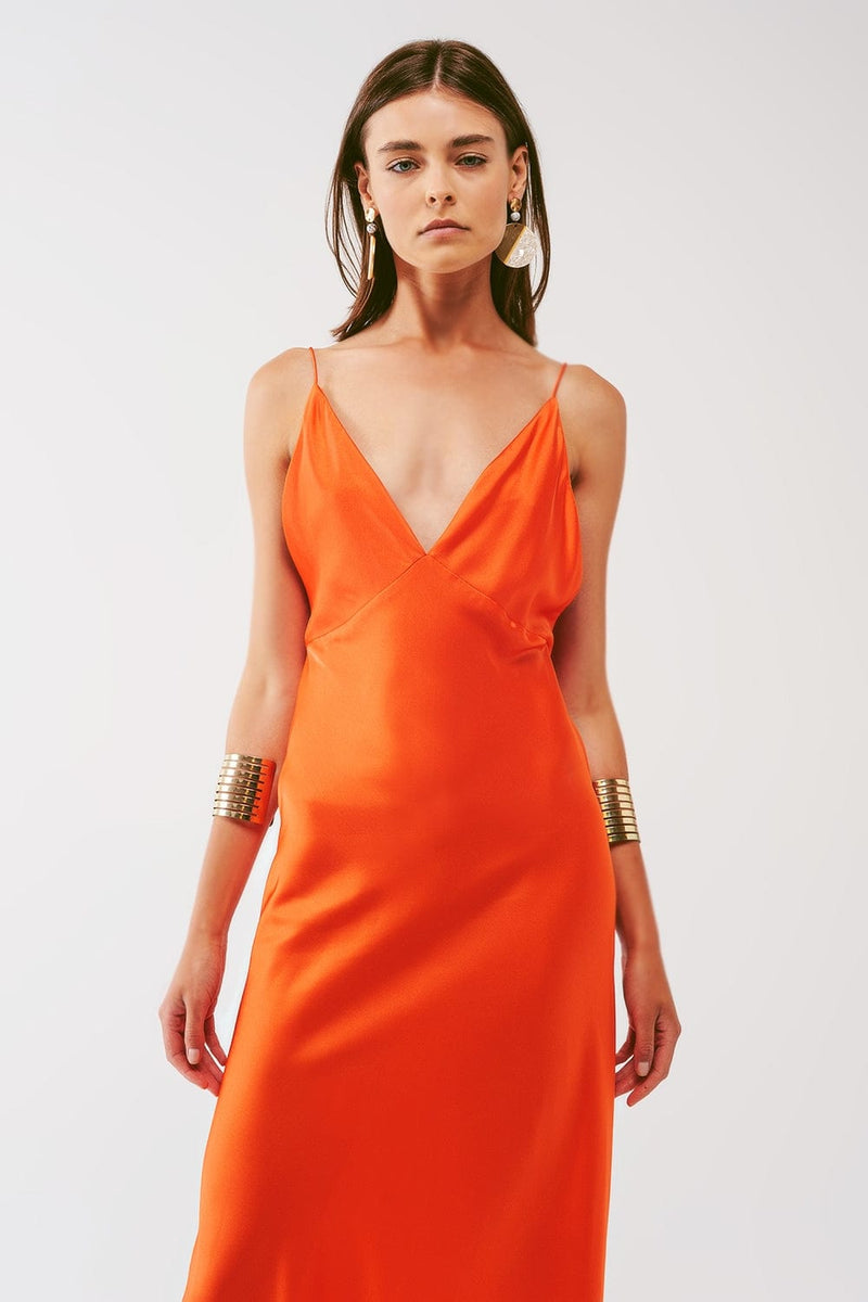 Q2 Women's Dress Satin Maxi Dress with Spaghetti Straps in Orange