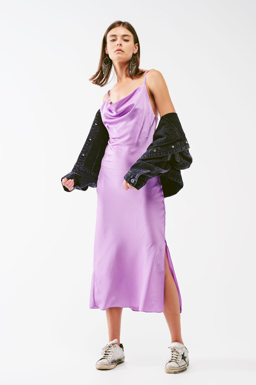 Q2 Women's Dress Satin Midi Dress with Cowl Neck in Lilac