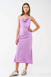 Q2 Women's Dress Satin Midi Dress with Cowl Neck in Lilac