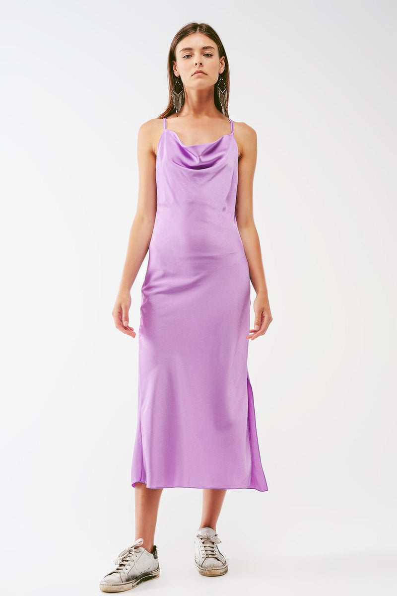 Q2 Women's Dress Satin Midi Dress with Cowl Neck in Lilac