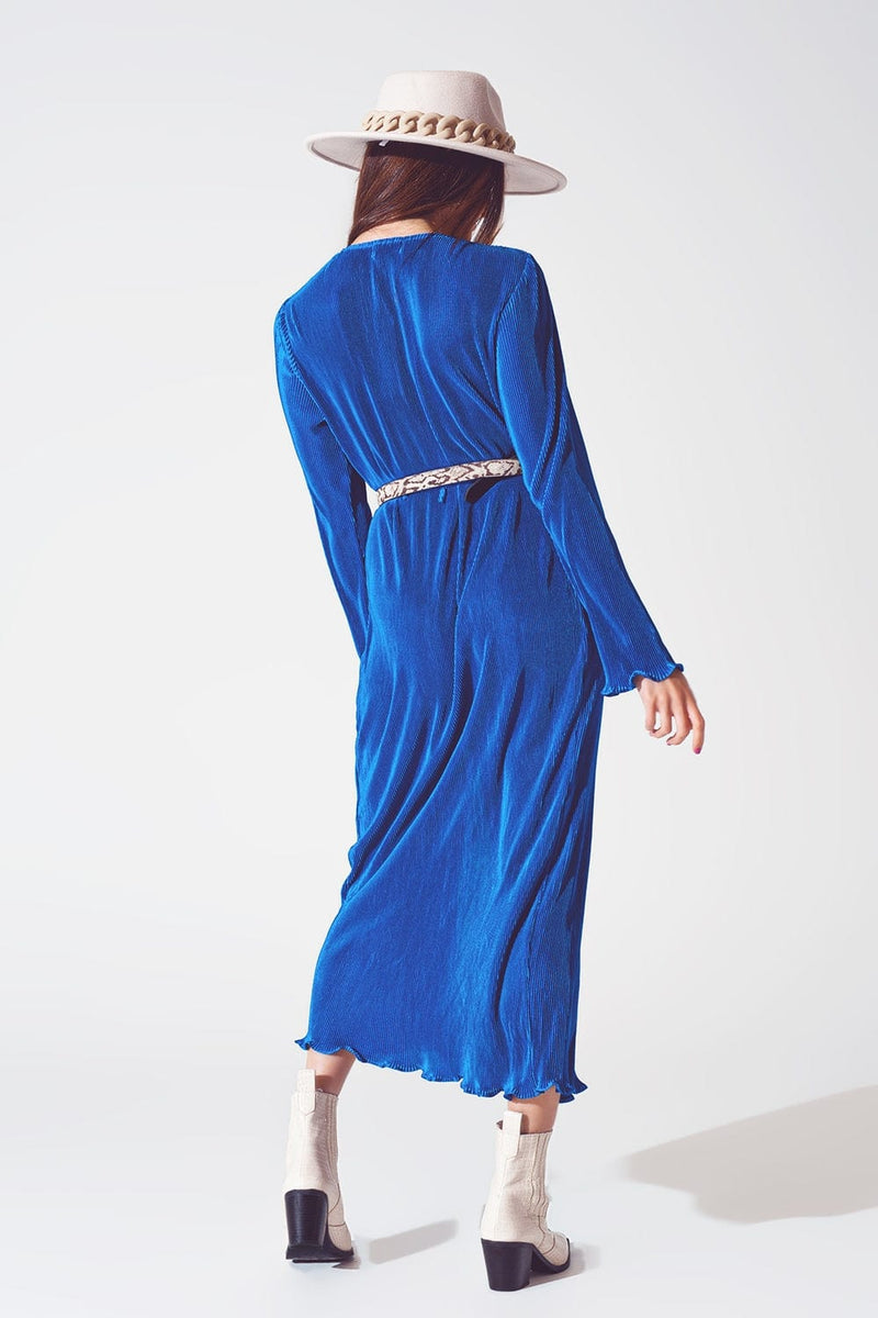 Q2 Women's Dress Satin Wrap Detail Pleated Dress in Blue