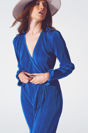 Q2 Women's Dress Satin Wrap Detail Pleated Dress in Blue