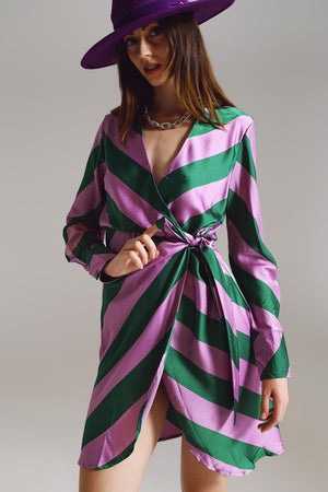 Q2 Women's Dress Satin Wrap Dress In Lilac And Green Striped Print