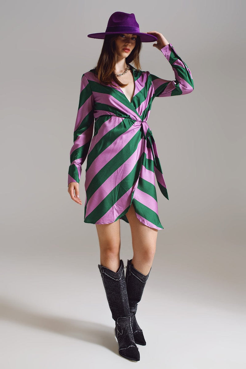Q2 Women's Dress Satin Wrap Dress In Lilac And Green Striped Print