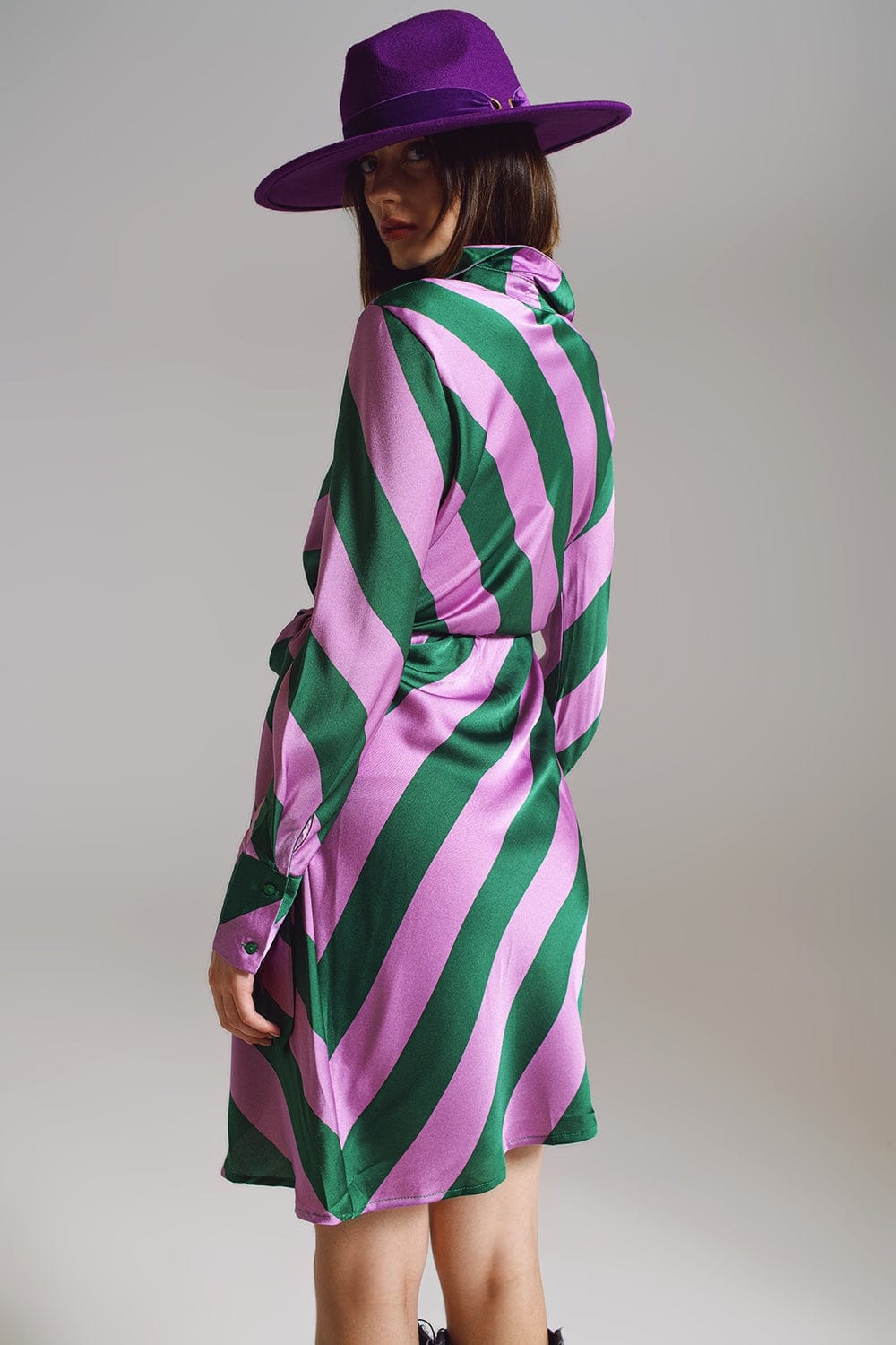 Q2 Women's Dress Satin Wrap Dress In Lilac And Green Striped Print