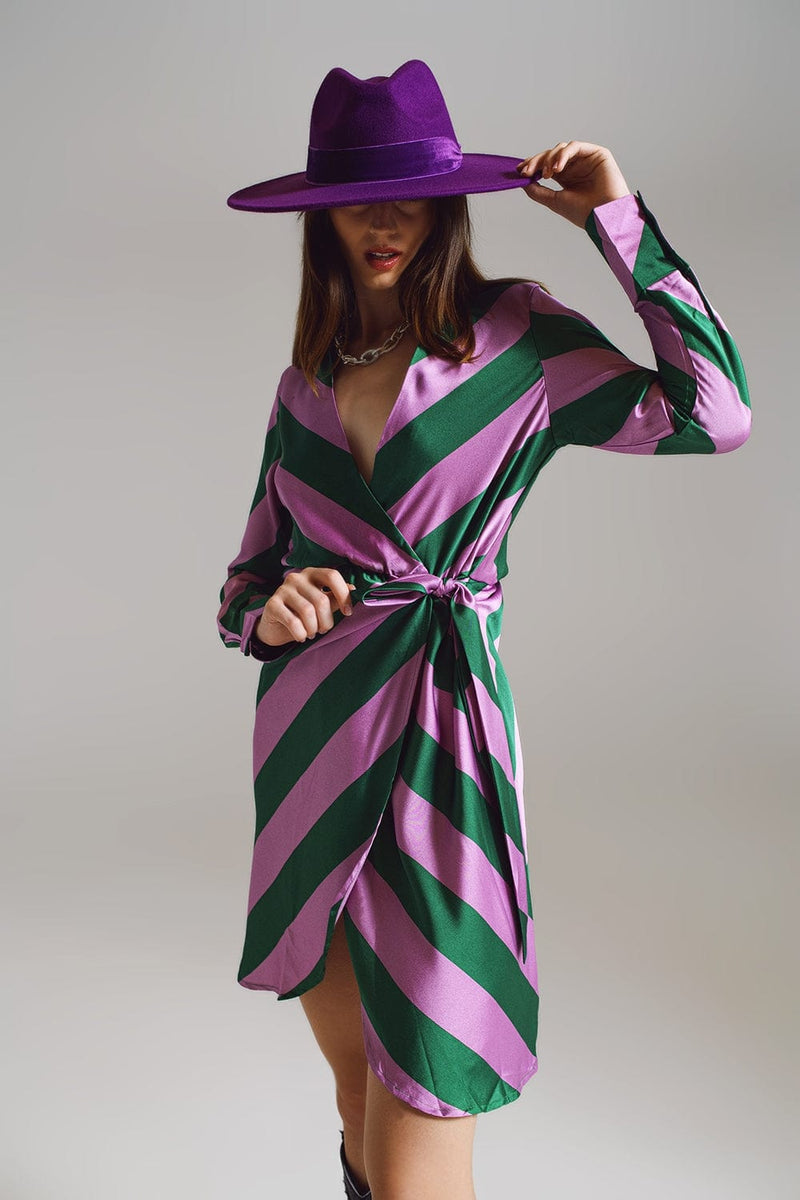 Q2 Women's Dress Satin Wrap Dress In Lilac And Green Striped Print