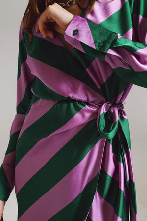 Q2 Women's Dress Satin Wrap Dress In Lilac And Green Striped Print