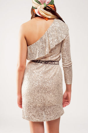 Q2 Women's Dress Sequin Long Sleeve Mini Dress in Gold