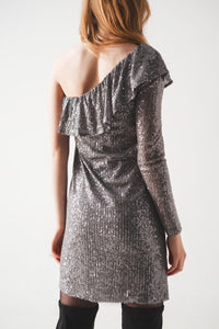 Q2 Women's Dress Sequin Long Sleeve Mini Dress in Silver