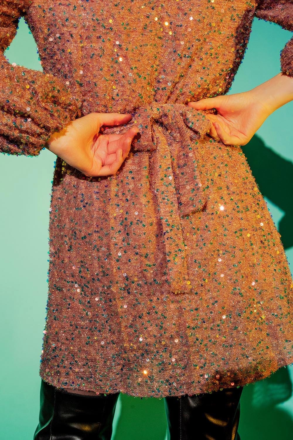 Q2 Women's Dress Sequin Wrap Mini Dress in Powder Pink