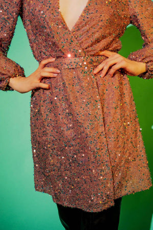Q2 Women's Dress Sequin Wrap Mini Dress in Powder Pink