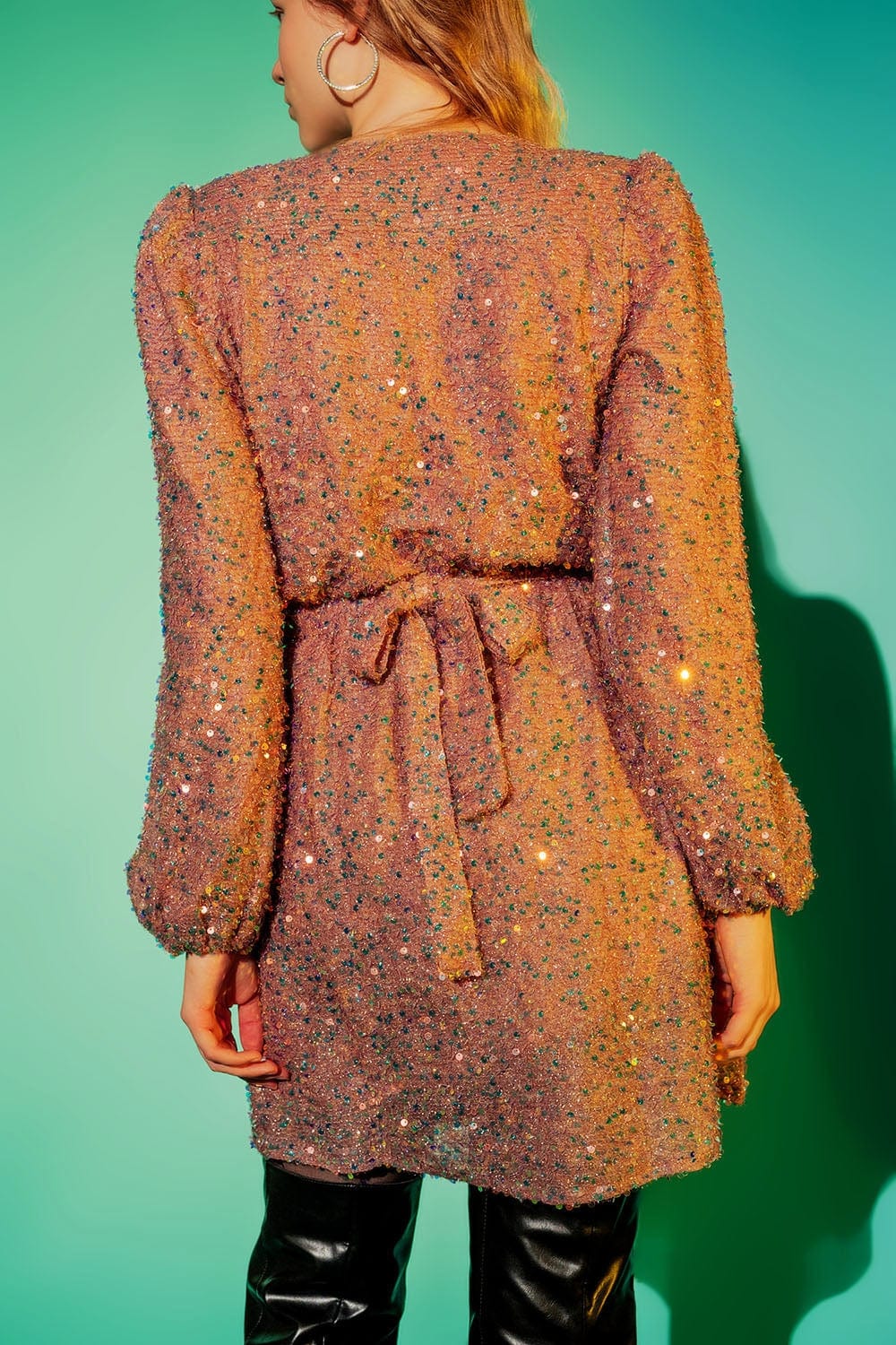 Q2 Women's Dress Sequin Wrap Mini Dress in Powder Pink