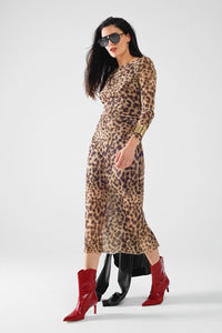 Q2 Women's Dress Sheer Long Sleeve Leopard Print Bodycon Midi Dress