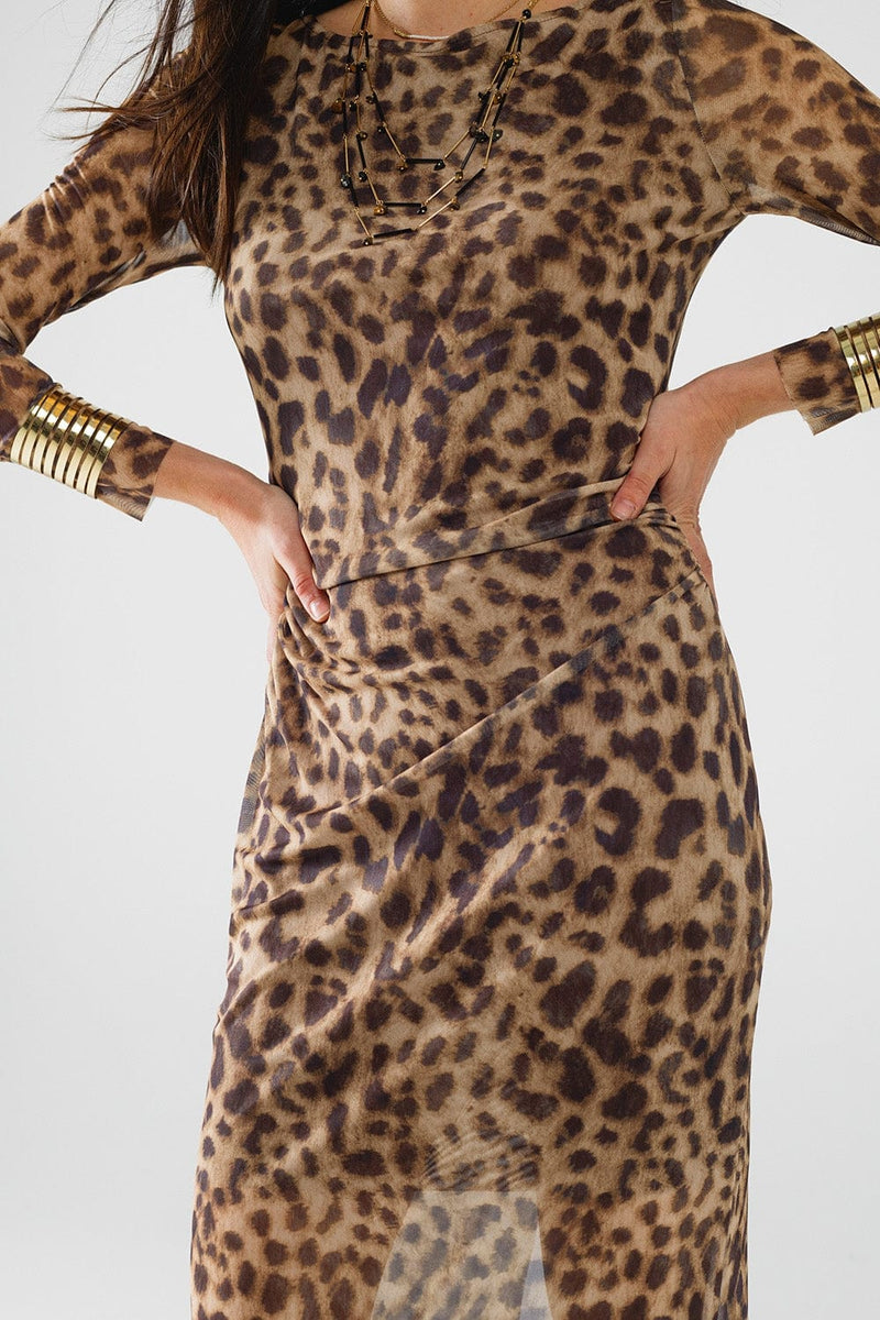 Q2 Women's Dress Sheer Long Sleeve Leopard Print Bodycon Midi Dress