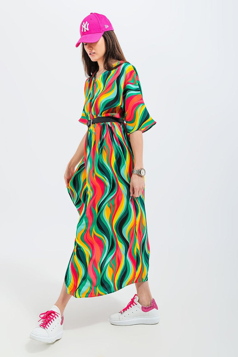 Q2 Women's Dress Shirt Dress in Green Abstract Swirl Print