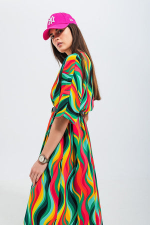 Q2 Women's Dress Shirt Dress in Green Abstract Swirl Print