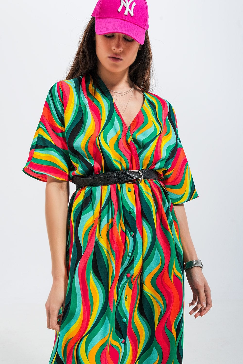 Q2 Women's Dress Shirt Dress in Green Abstract Swirl Print
