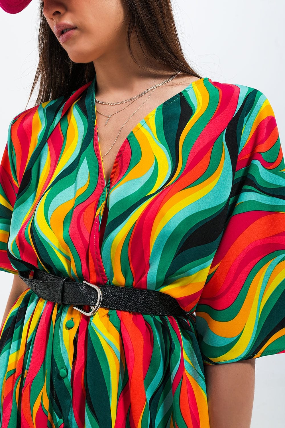 Q2 Women's Dress Shirt Dress in Green Abstract Swirl Print