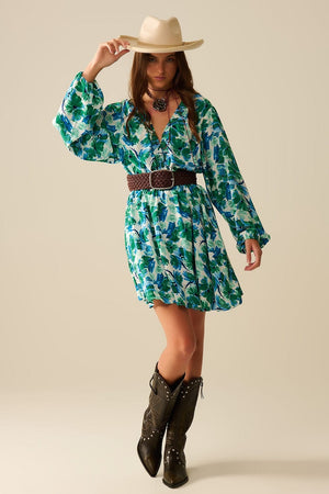 Q2 Women's Dress Short Dress With A Wide V-Neck And Floral Print