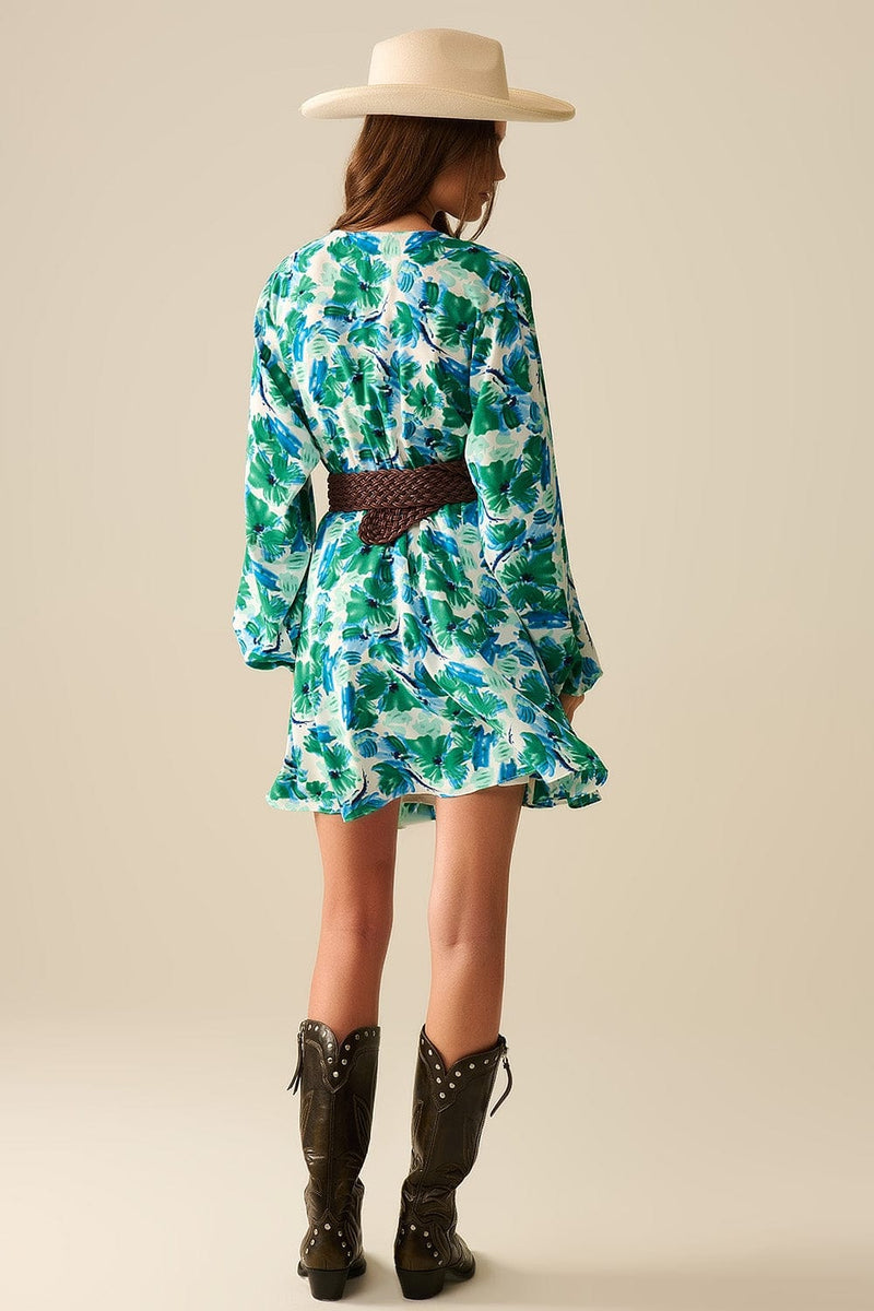 Q2 Women's Dress Short Dress With A Wide V-Neck And Floral Print