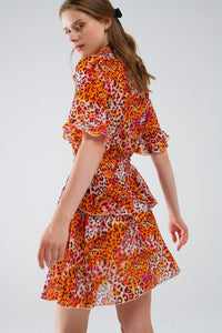 Q2 Women's Dress Short Dress With Animal Print In Orange And White