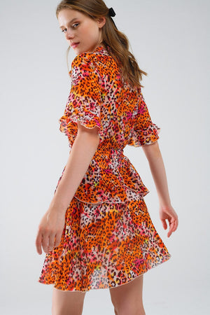 Q2 Women's Dress Short Dress With Animal Print In Orange And White