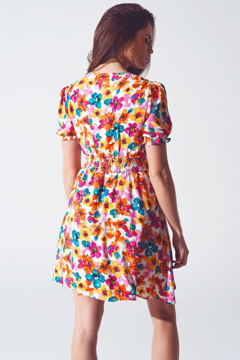 Q2 Women's Dress Short Dress With Cinched Waist In Multicolor Floral Print