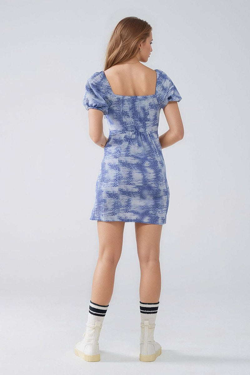 Q2 Women's Dress Short Dress With Puff Sleeves In Abstract Blue And White Print