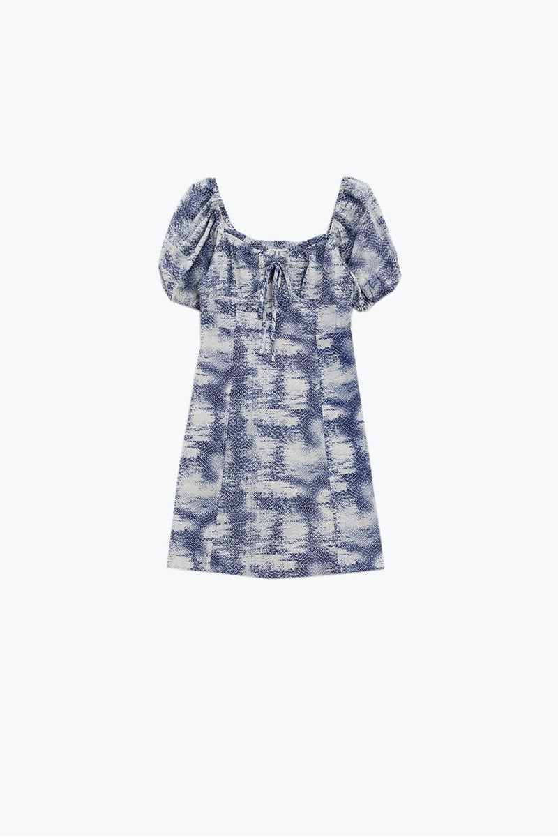 Q2 Women's Dress Short Dress With Puff Sleeves In Abstract Blue And White Print