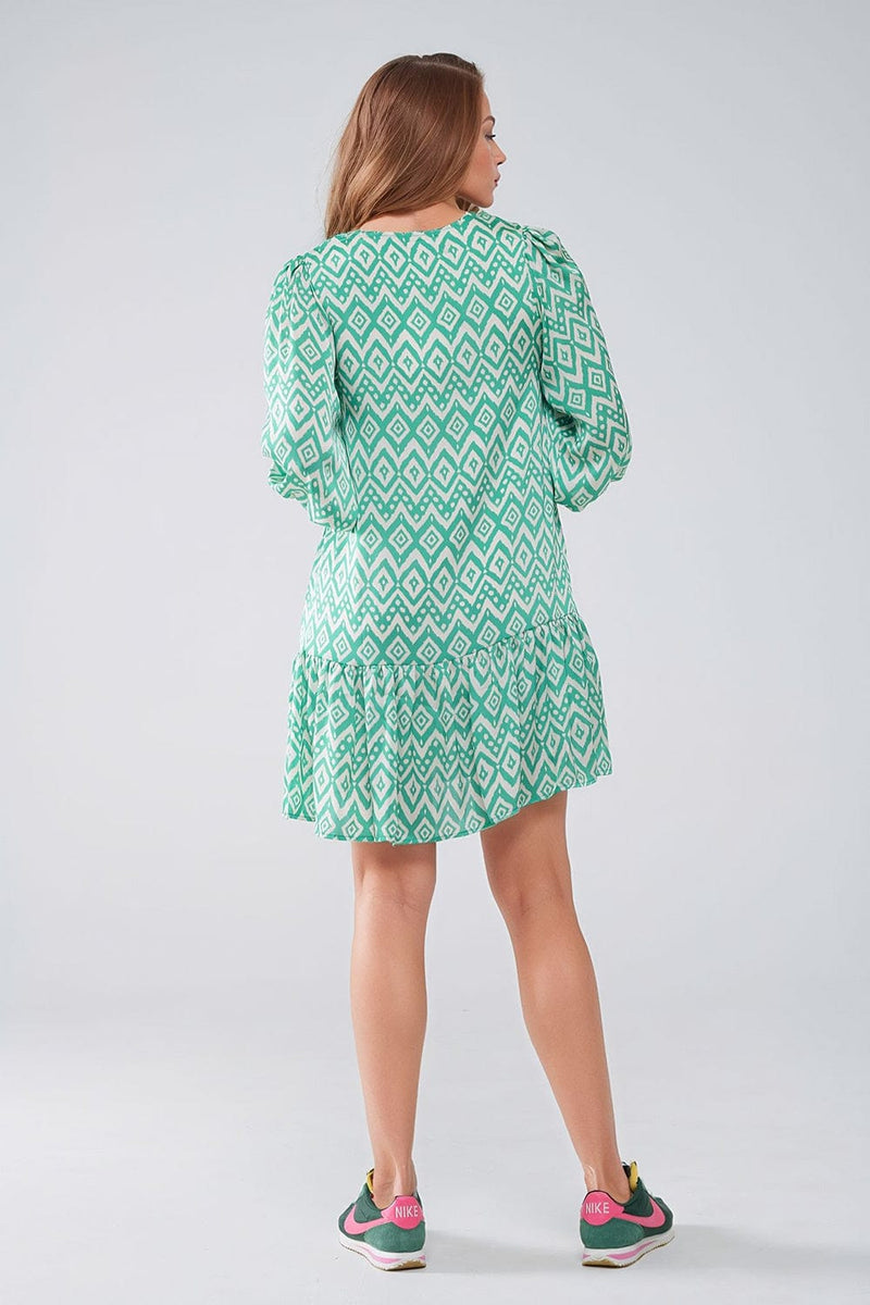 Q2 Women's Dress Short Dress With Tie At The Front Details In Ethnic Green Print