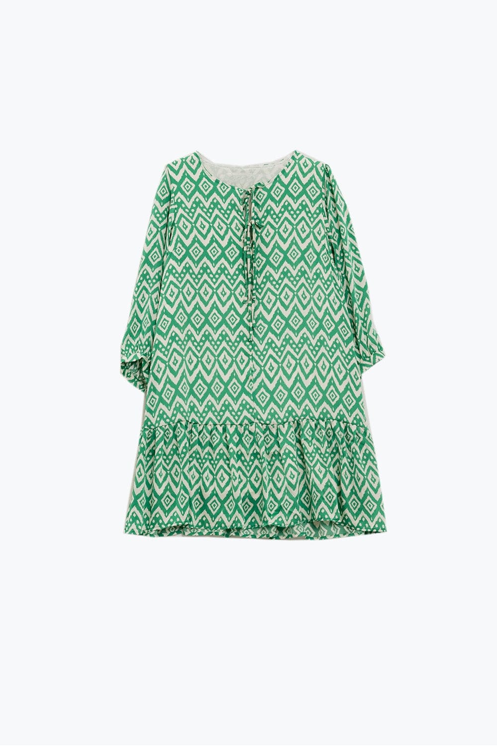 Q2 Women's Dress Short Dress With Tie At The Front Details In Ethnic Green Print
