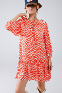 Q2 Women's Dress Short Dress With Tie At The Front Details In Ethnic Red Print