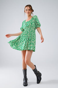 Q2 Women's Dress Short Floral Print Dress With Gathered Back In Green