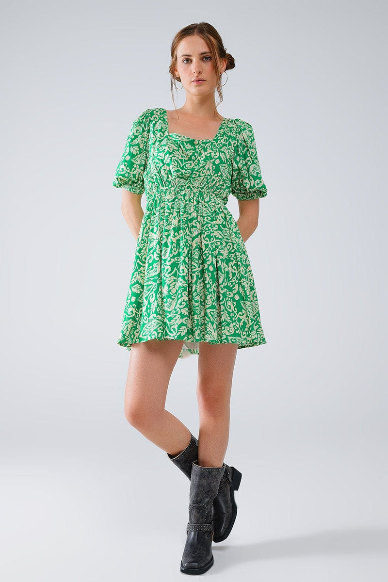 Q2 Women's Dress Short Floral Print Dress With Gathered Back In Green