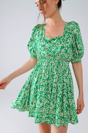 Q2 Women's Dress Short Floral Print Dress With Gathered Back In Green