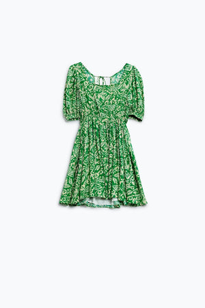 Q2 Women's Dress Short Floral Print Dress With Gathered Back In Green