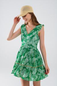 Q2 Women's Dress Short Green Boho Flower Print Dress With Lurex Detail