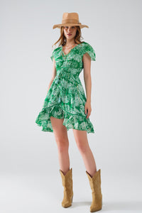 Q2 Women's Dress Short Green Boho Flower Print Dress With Open Back