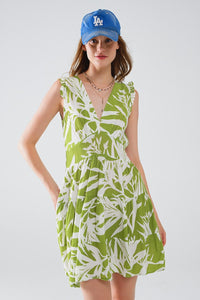 Q2 Women's Dress Short Green Dress With Tropical Palm Print