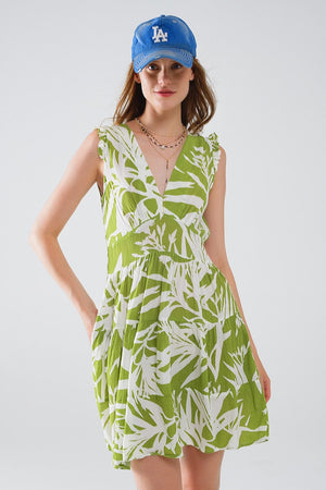 Q2 Women's Dress Short Green Dress With Tropical Palm Print