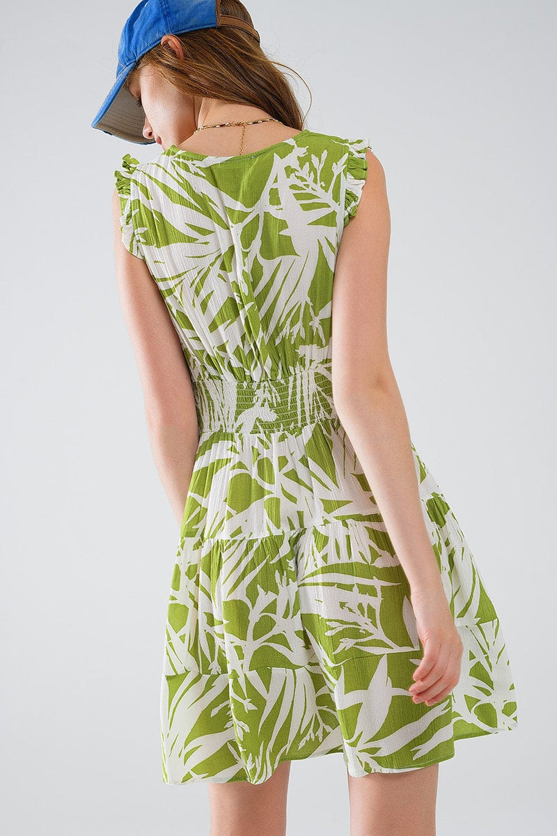 Q2 Women's Dress Short Green Dress With Tropical Palm Print