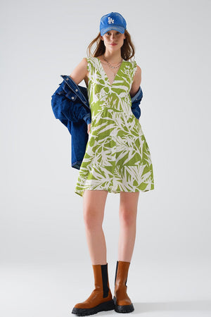 Q2 Women's Dress Short Green Dress With Tropical Palm Print