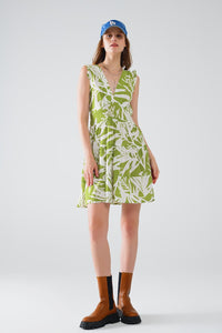 Q2 Women's Dress Short Green Dress With Tropical Palm Print